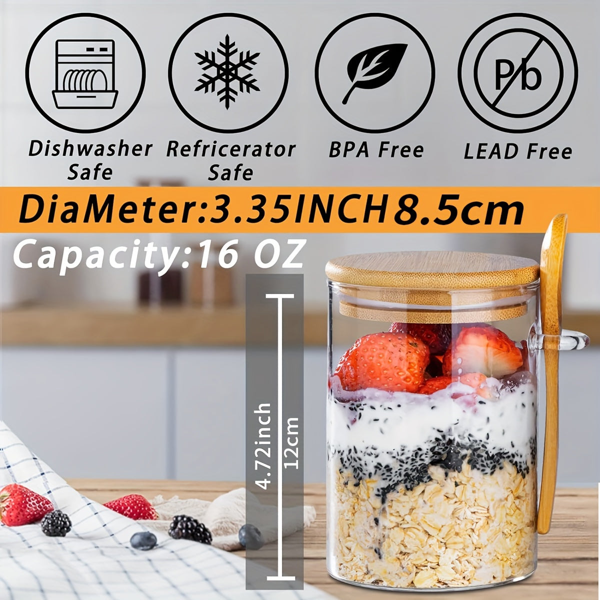 16OZ Glass Jar Meal Preparation Container - 4 PCS Oatmeal Cups with Lid and Spoon - Holds Chia Seeds, Pudding, Yogurt, Salad