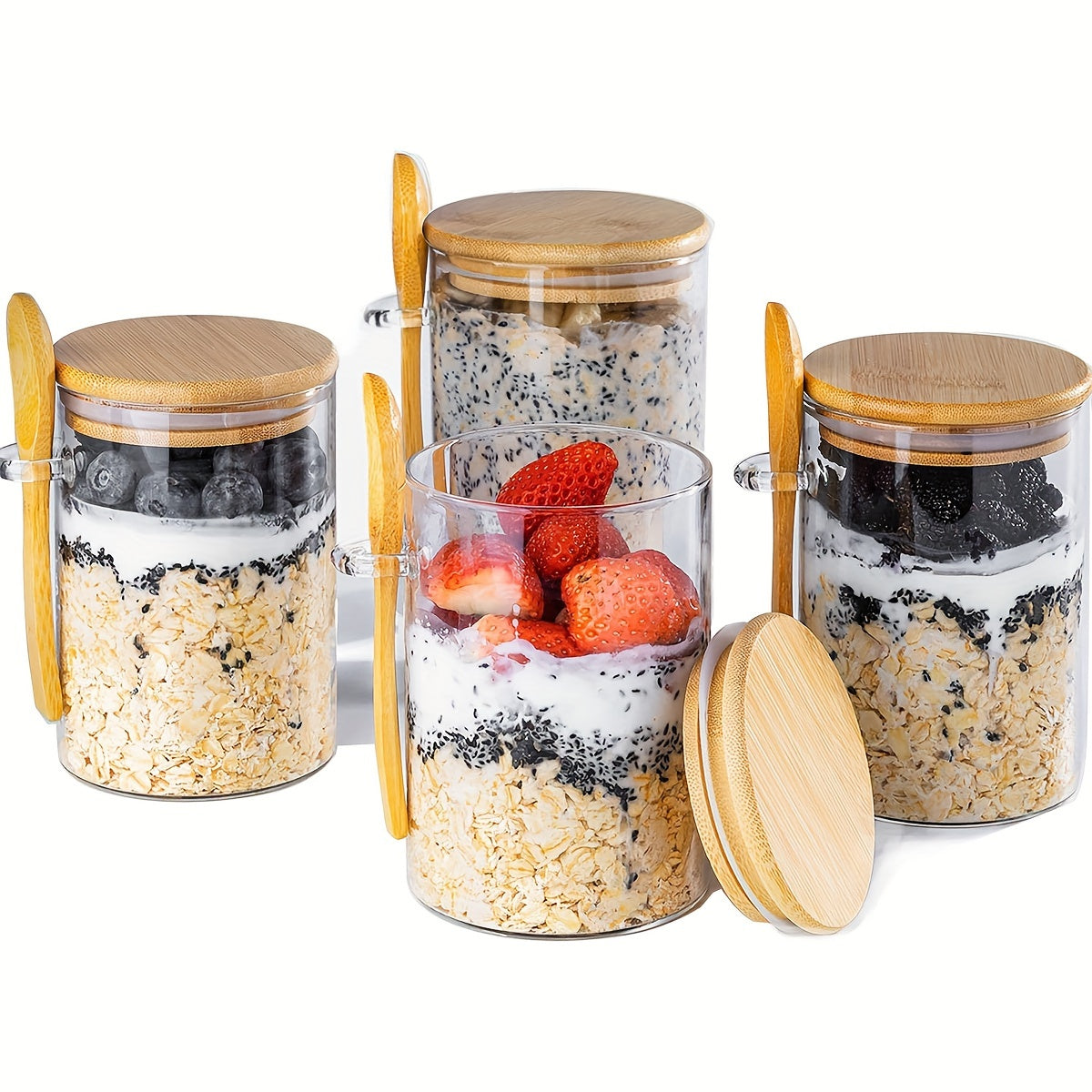 16OZ Glass Jar Meal Preparation Container - 4 PCS Oatmeal Cups with Lid and Spoon - Holds Chia Seeds, Pudding, Yogurt, Salad