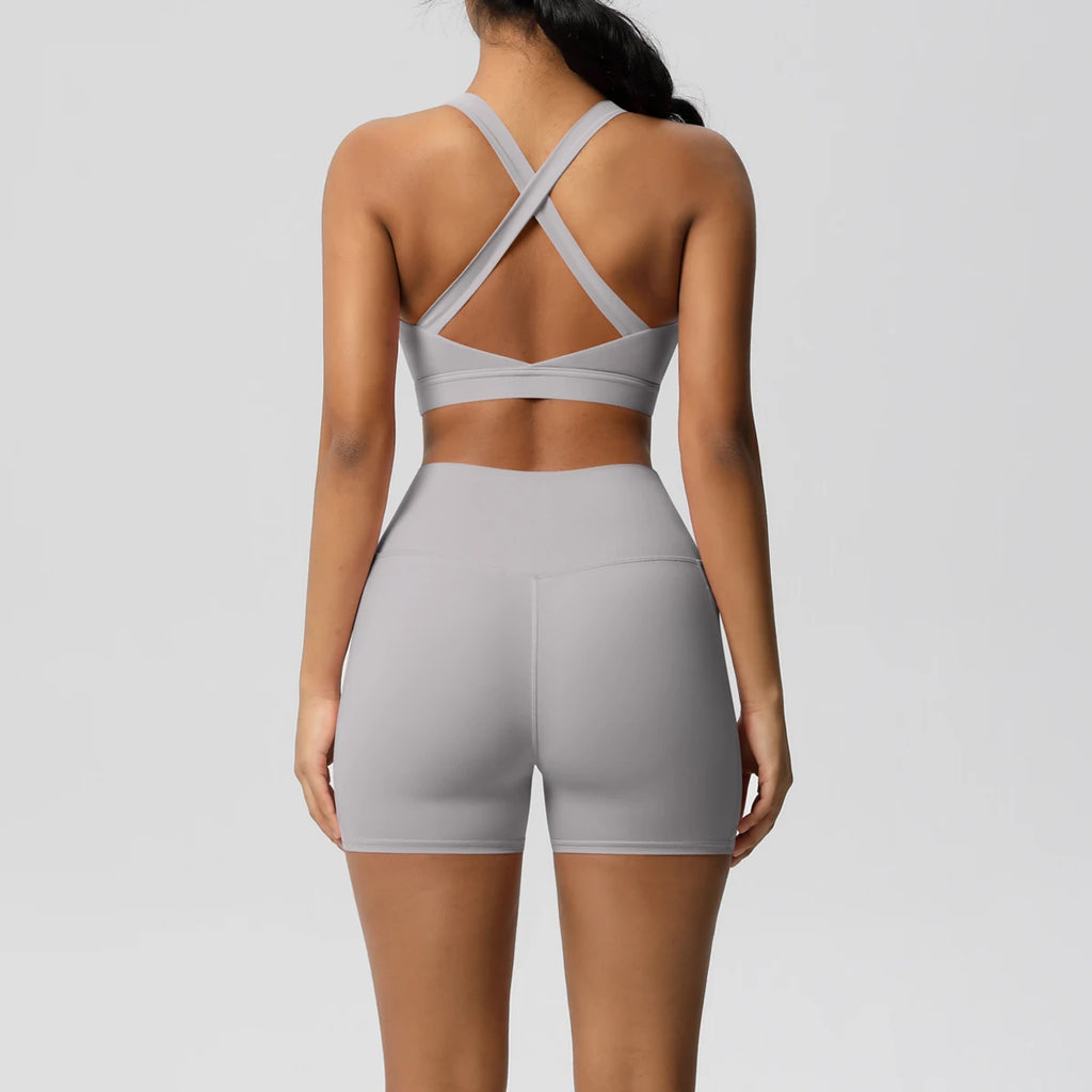 2PCS Sportswear With Pocketed Yoga Set Gym Clothes Yoga Suits For Women Tracksuits Sports Shorts Crossover Bra Gym Leggings