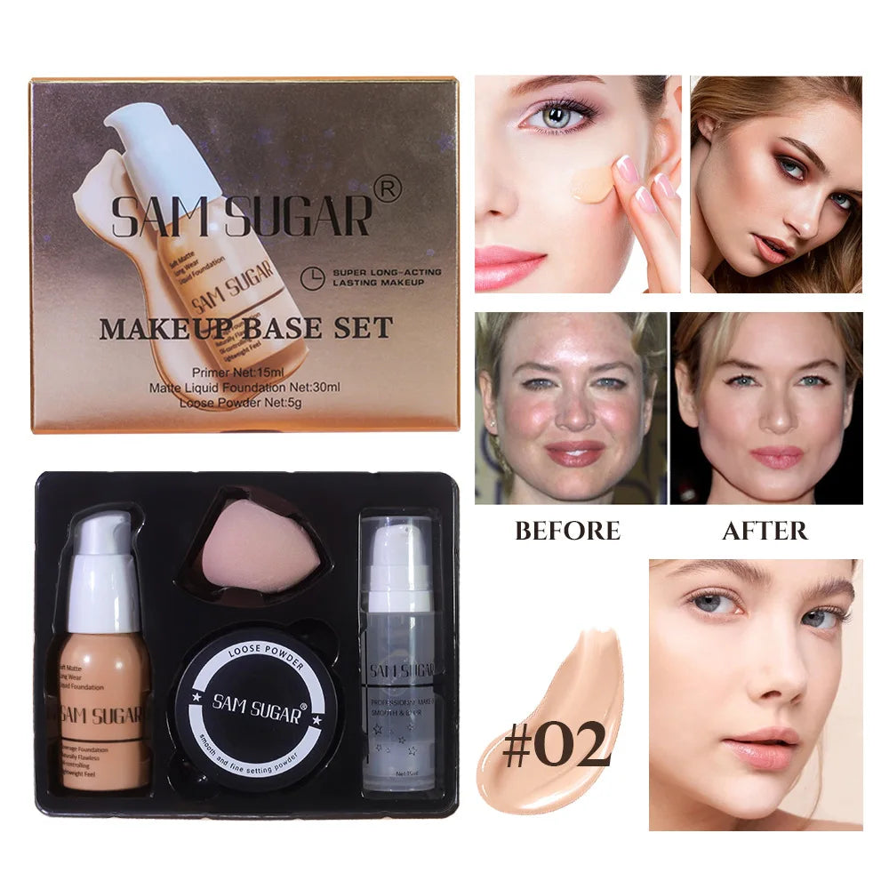 4PCS Makeup Base Set 15ml Face Primer 30ml Matte Liquid Foundation 5g Setting Loose Powder with Soft Puff for Flawless Look