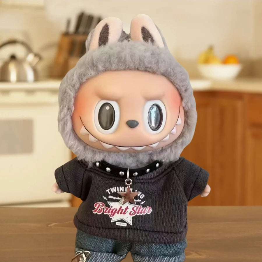 Labubu Clothes For 15/17cm V1 V2 V3 Plush Idol Doll Hip Hop T-Shirt Pants Necklace 3PCS/Pack Decoration Accessories Fans Gift