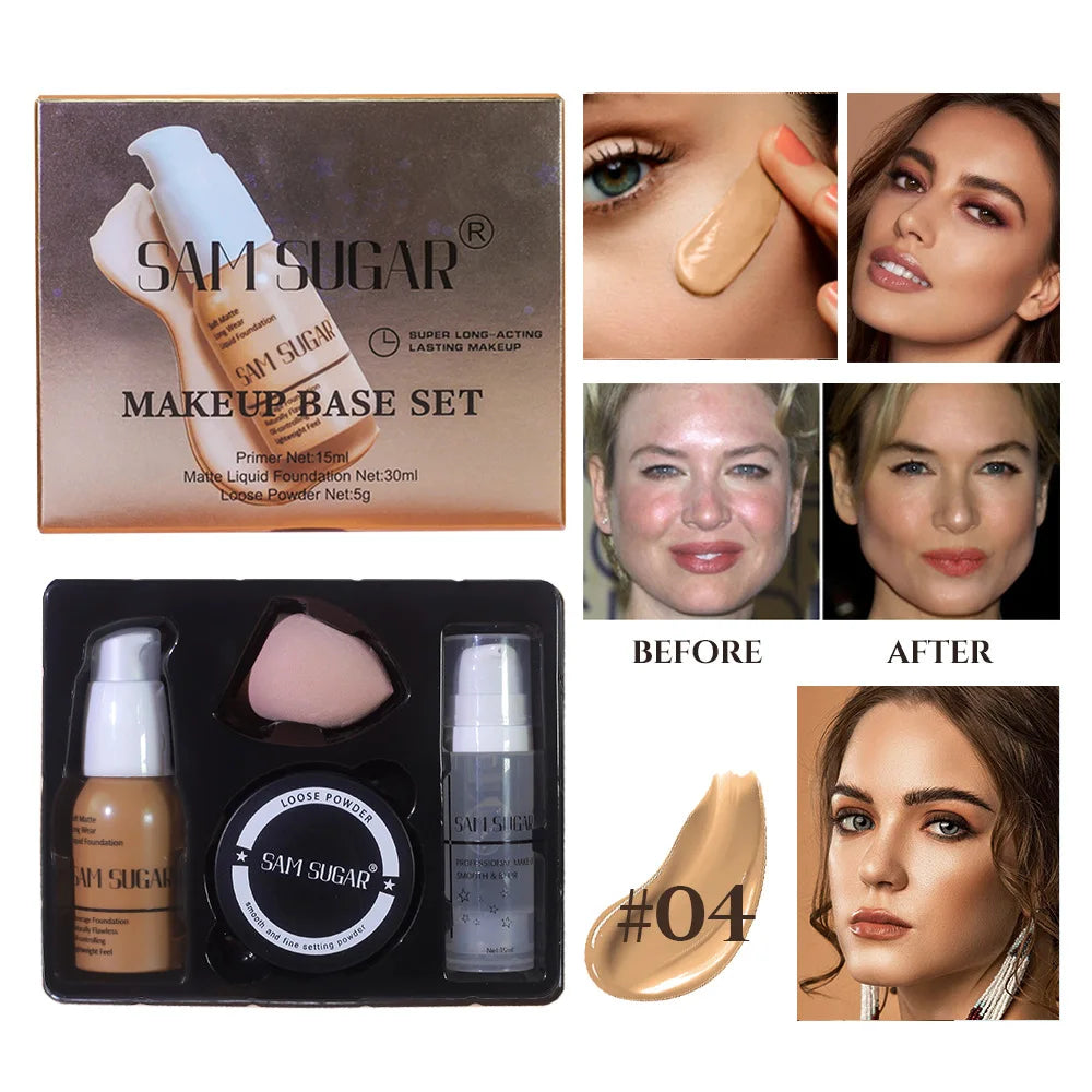 4PCS Makeup Base Set 15ml Face Primer 30ml Matte Liquid Foundation 5g Setting Loose Powder with Soft Puff for Flawless Look