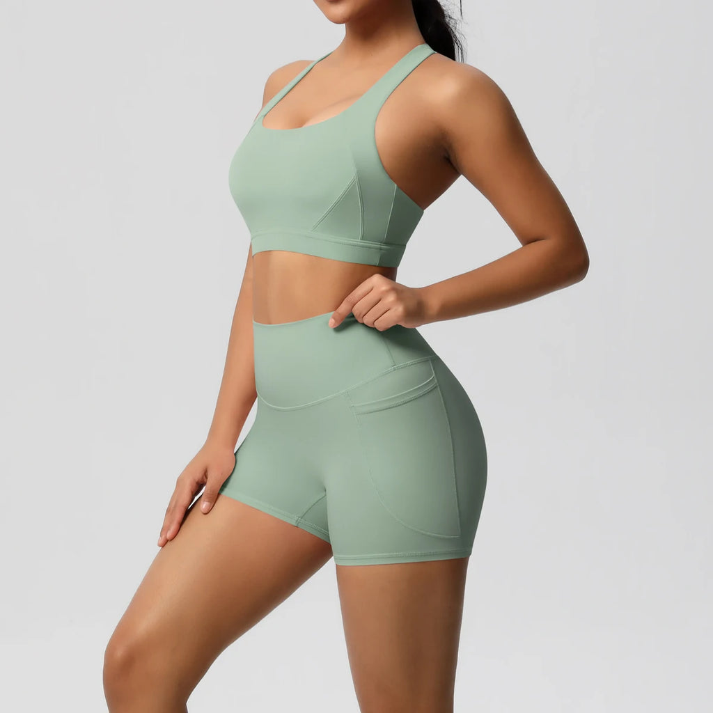 2PCS Sportswear With Pocketed Yoga Set Gym Clothes Yoga Suits For Women Tracksuits Sports Shorts Crossover Bra Gym Leggings