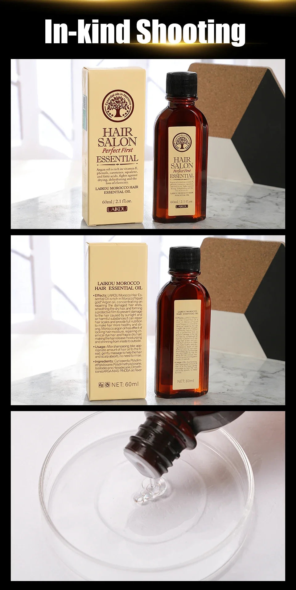 Laikou Argan Hair Oil Essential Oil Natural Anti-hair Loss Prevent Hair Dry Soft Nourishing Frizz Damaged Repair Care 60ml