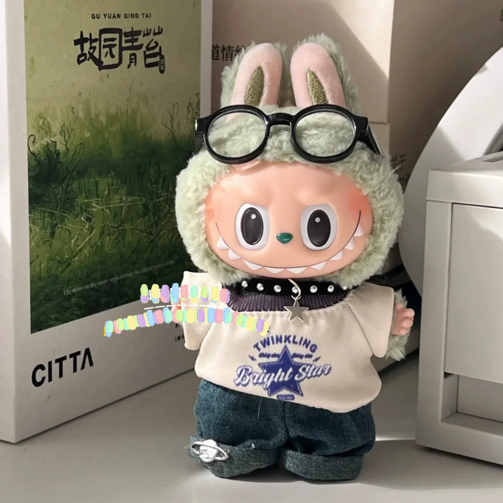 Labubu Clothes For 15/17cm V1 V2 V3 Plush Idol Doll Hip Hop T-Shirt Pants Necklace 3PCS/Pack Decoration Accessories Fans Gift