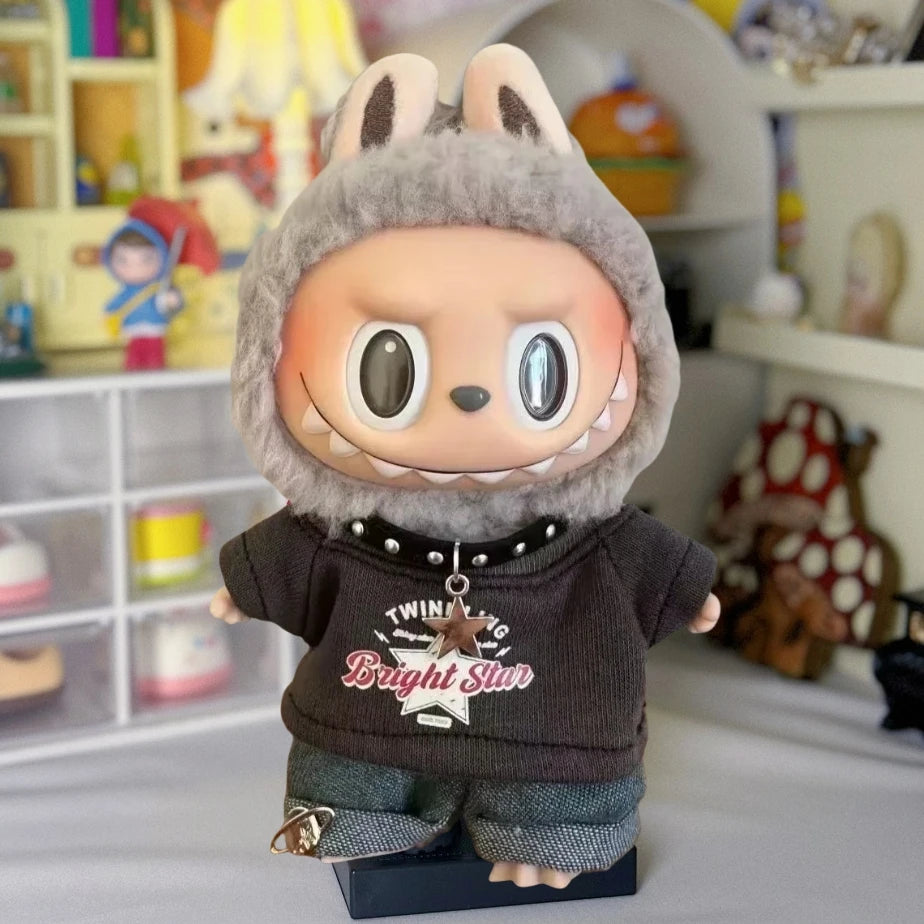 Labubu Clothes For 15/17cm V1 V2 V3 Plush Idol Doll Hip Hop T-Shirt Pants Necklace 3PCS/Pack Decoration Accessories Fans Gift