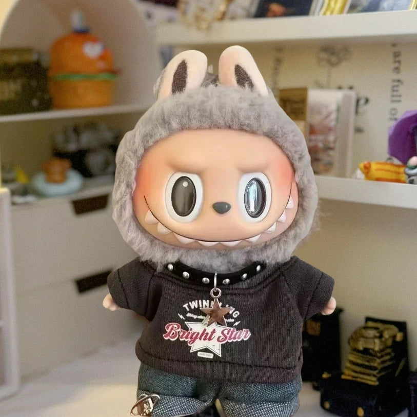 Labubu Clothes For 15/17cm V1 V2 V3 Plush Idol Doll Hip Hop T-Shirt Pants Necklace 3PCS/Pack Decoration Accessories Fans Gift