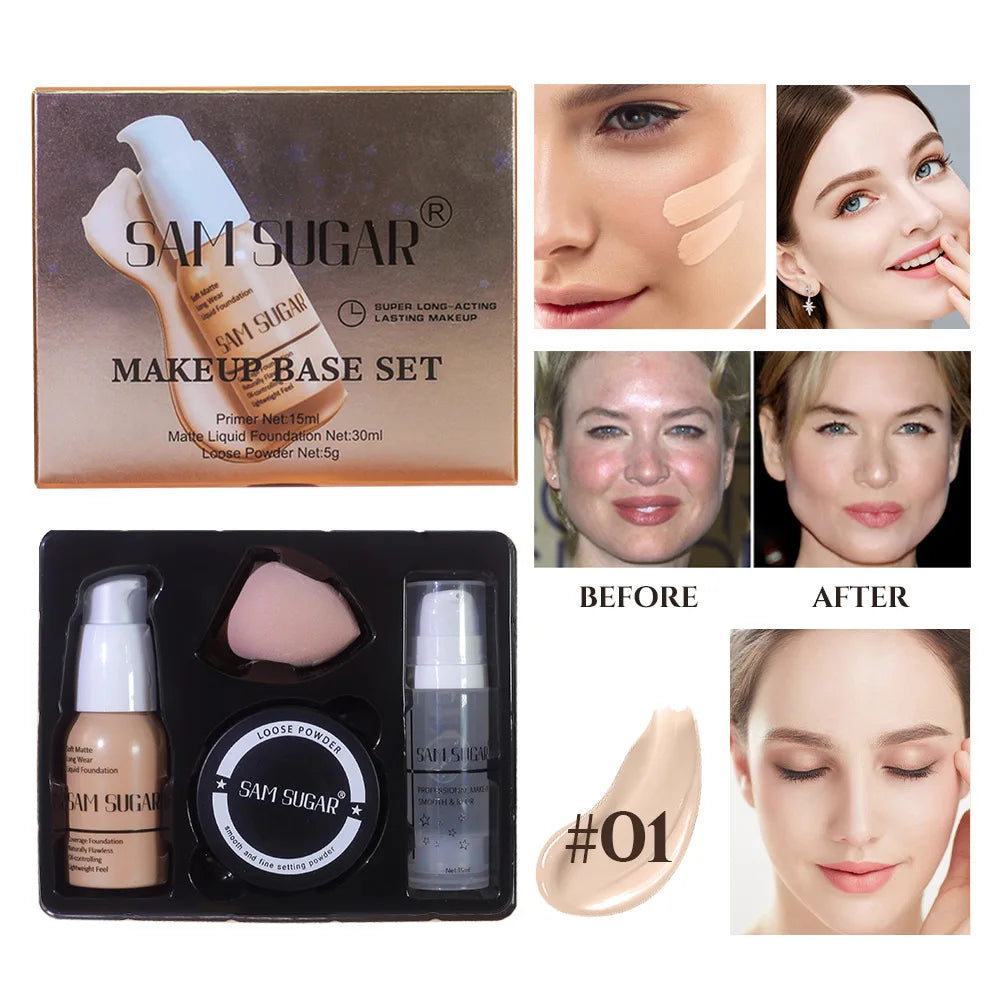4PCS Makeup Base Set 15ml Face Primer 30ml Matte Liquid Foundation 5g Setting Loose Powder with Soft Puff for Flawless Look