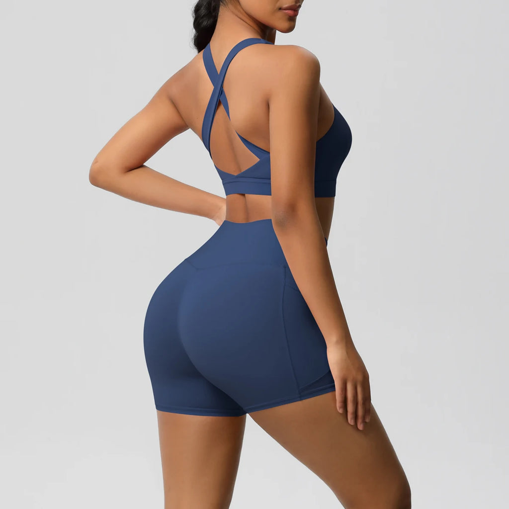 2PCS Sportswear With Pocketed Yoga Set Gym Clothes Yoga Suits For Women Tracksuits Sports Shorts Crossover Bra Gym Leggings