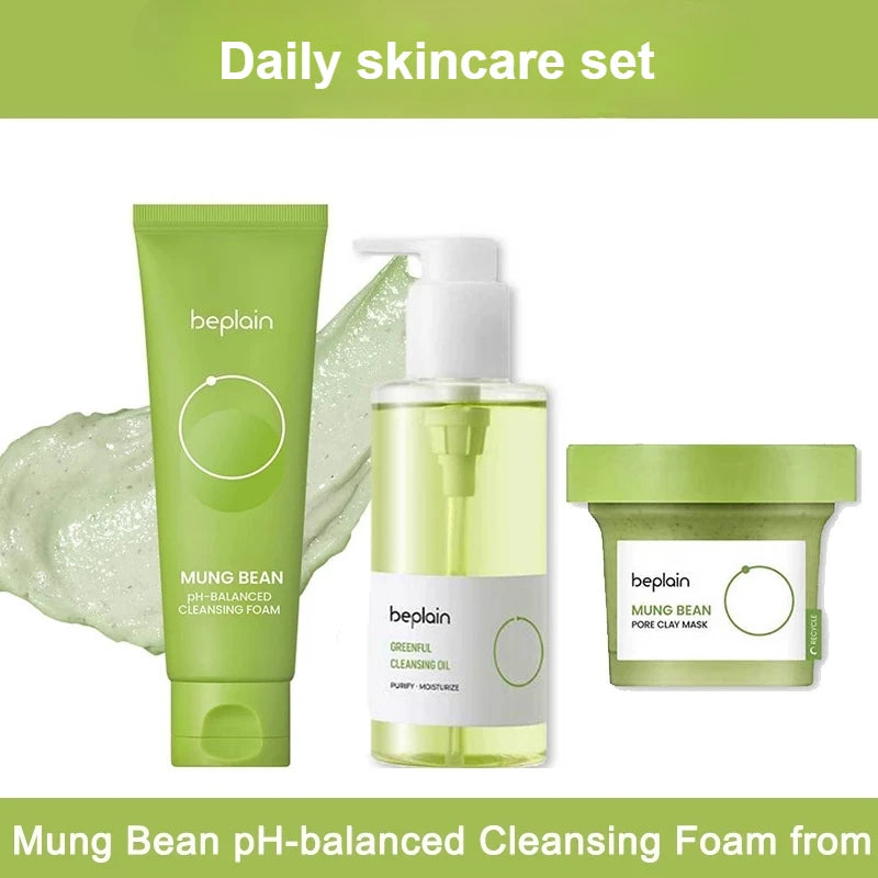 Korean Skincare Set Beplain Mung Bean Face Cleansing Foam,Face Serum,Exfoliate Pore Remover Clay Mask and Cleansing Oil 4pcs Set