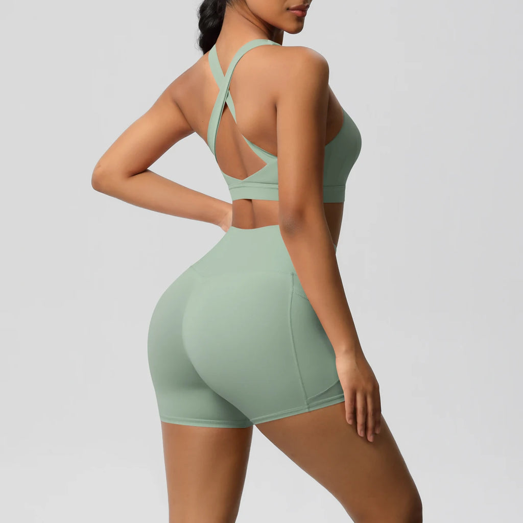 2PCS Sportswear With Pocketed Yoga Set Gym Clothes Yoga Suits For Women Tracksuits Sports Shorts Crossover Bra Gym Leggings