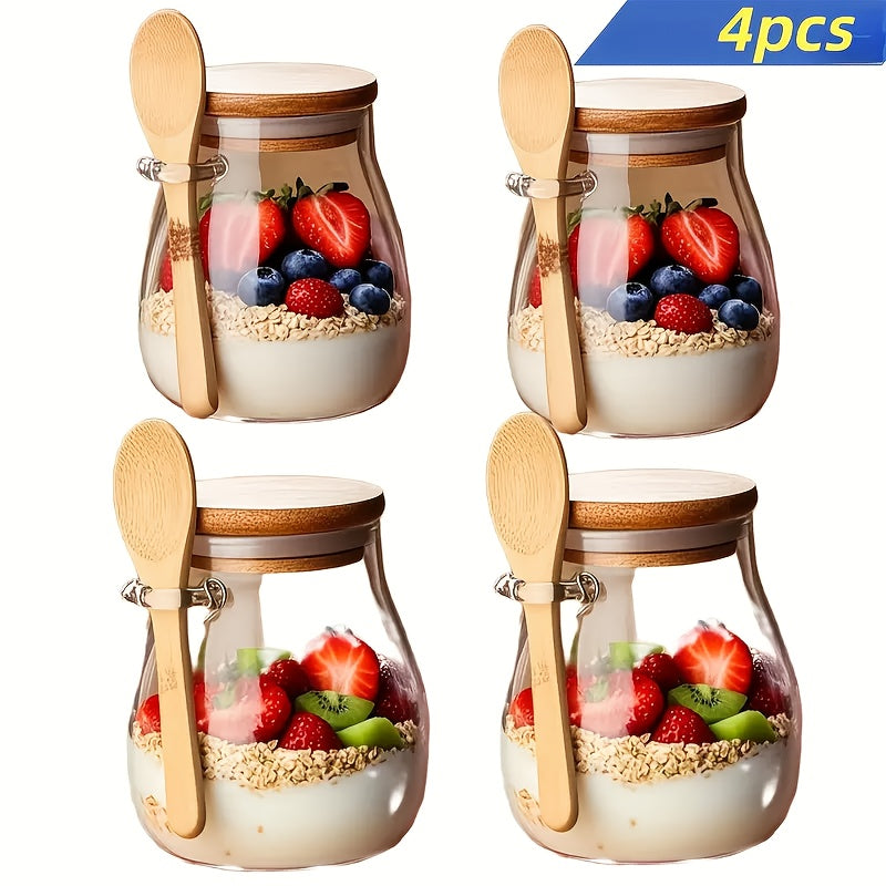 1/2/3/4pcs Glass Oatmeal Cup, High Quality Borosilicate Glass, Overnight Oatmeal Cup Set, Salad Bowl, Oatmeal Jar, Meal Preparation Container with Lid and Spoon, Glass Jar, Used for Storing Chia Seeds, Salad, Pudding and Yogu