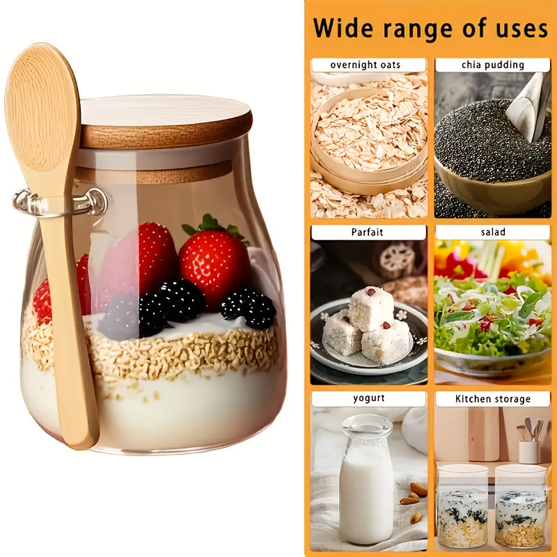 1/2/3/4pcs Glass Oatmeal Cup, High Quality Borosilicate Glass, Overnight Oatmeal Cup Set, Salad Bowl, Oatmeal Jar, Meal Preparation Container with Lid and Spoon, Glass Jar, Used for Storing Chia Seeds, Salad, Pudding and Yogu