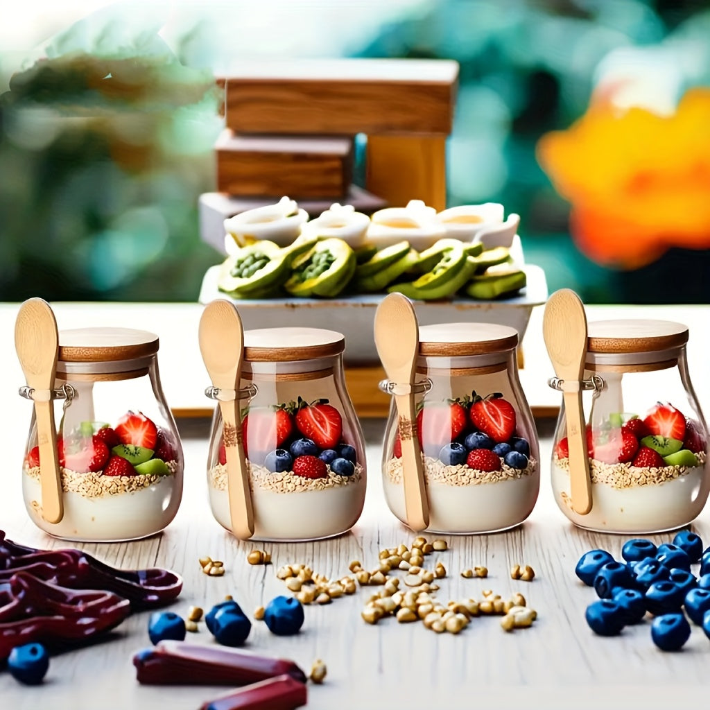 1/2/3/4pcs Glass Oatmeal Cup, High Quality Borosilicate Glass, Overnight Oatmeal Cup Set, Salad Bowl, Oatmeal Jar, Meal Preparation Container with Lid and Spoon, Glass Jar, Used for Storing Chia Seeds, Salad, Pudding and Yogu
