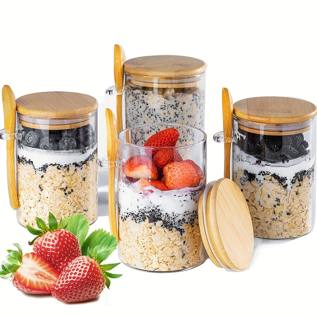 16OZ Glass Jar Meal Preparation Container - 4 PCS Oatmeal Cups with Lid and Spoon - Holds Chia Seeds, Pudding, Yogurt, Salad