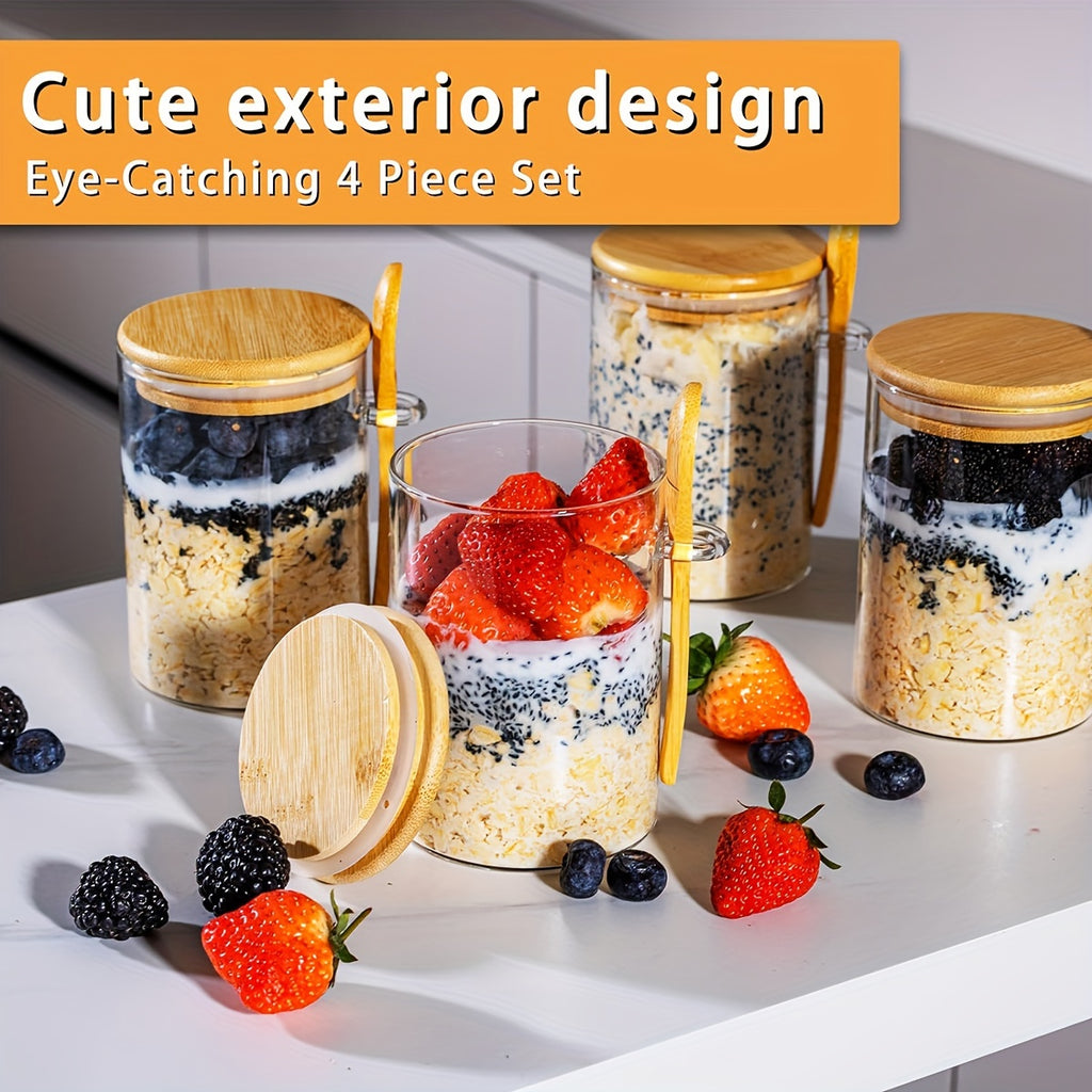 16OZ Glass Jar Meal Preparation Container - 4 PCS Oatmeal Cups with Lid and Spoon - Holds Chia Seeds, Pudding, Yogurt, Salad